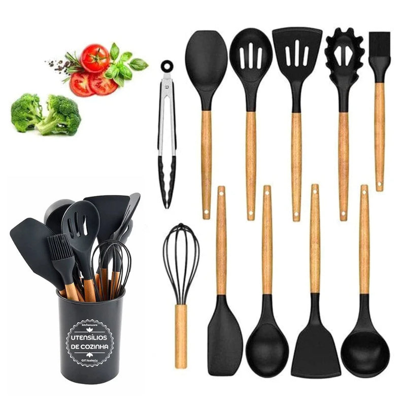 Kit com 12 Utensílios De Cozinha Talheres Cabo Madeira