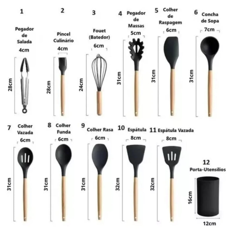 Kit com 12 Utensílios De Cozinha Talheres Cabo Madeira